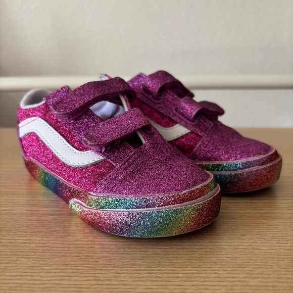 Vans Toddler Old Skool V Sneakers Pink Rainbow Glitter With Velcro Straps Size 8 - Picture 9 of 14